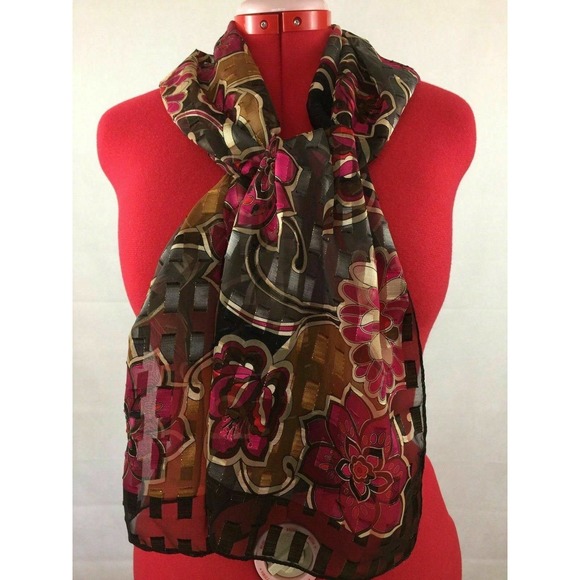 Elegant Gold Metallic Thread Pink Flowers on Black Shiny Floral Poly Scarf - Picture 5 of 6